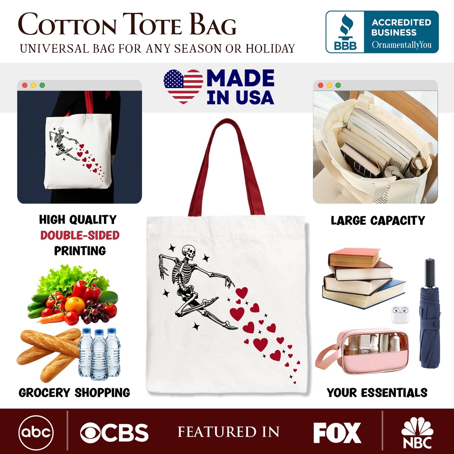 Skeleton Hearts Valentine Tote Bag for Women