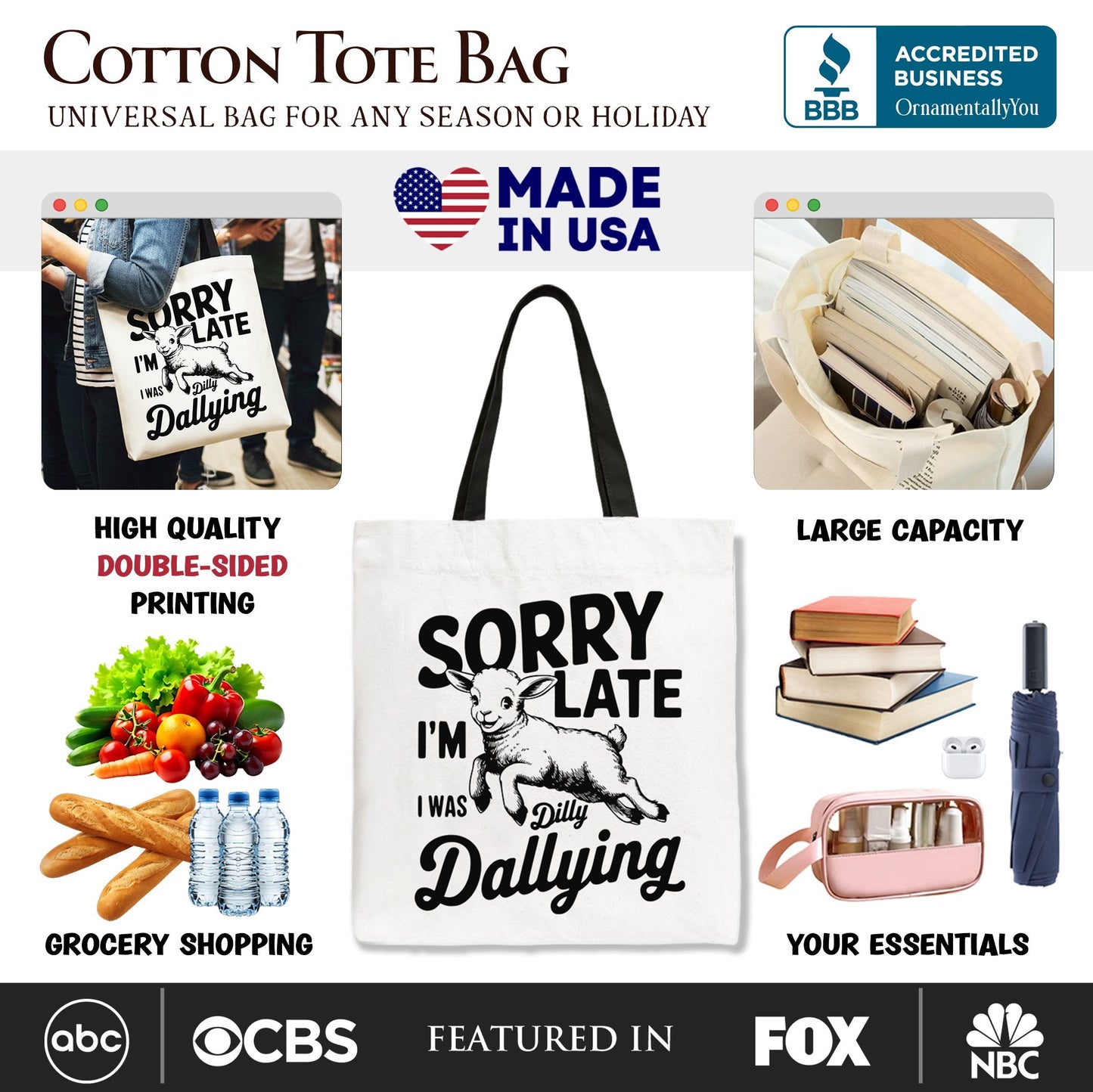Sorry Im Late Funny Lamb Tote Bag for Women