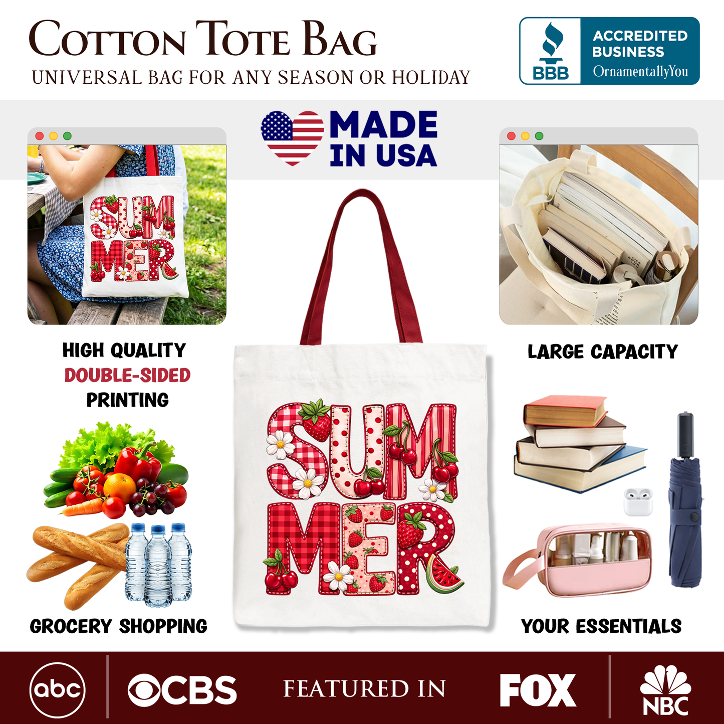 Strawberry And Faux Patchwork Canvas Tote Bag