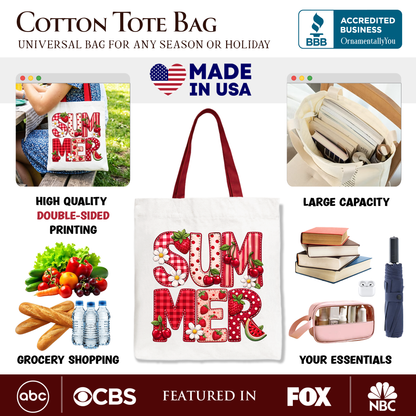 Strawberry And Faux Patchwork Canvas Tote Bag