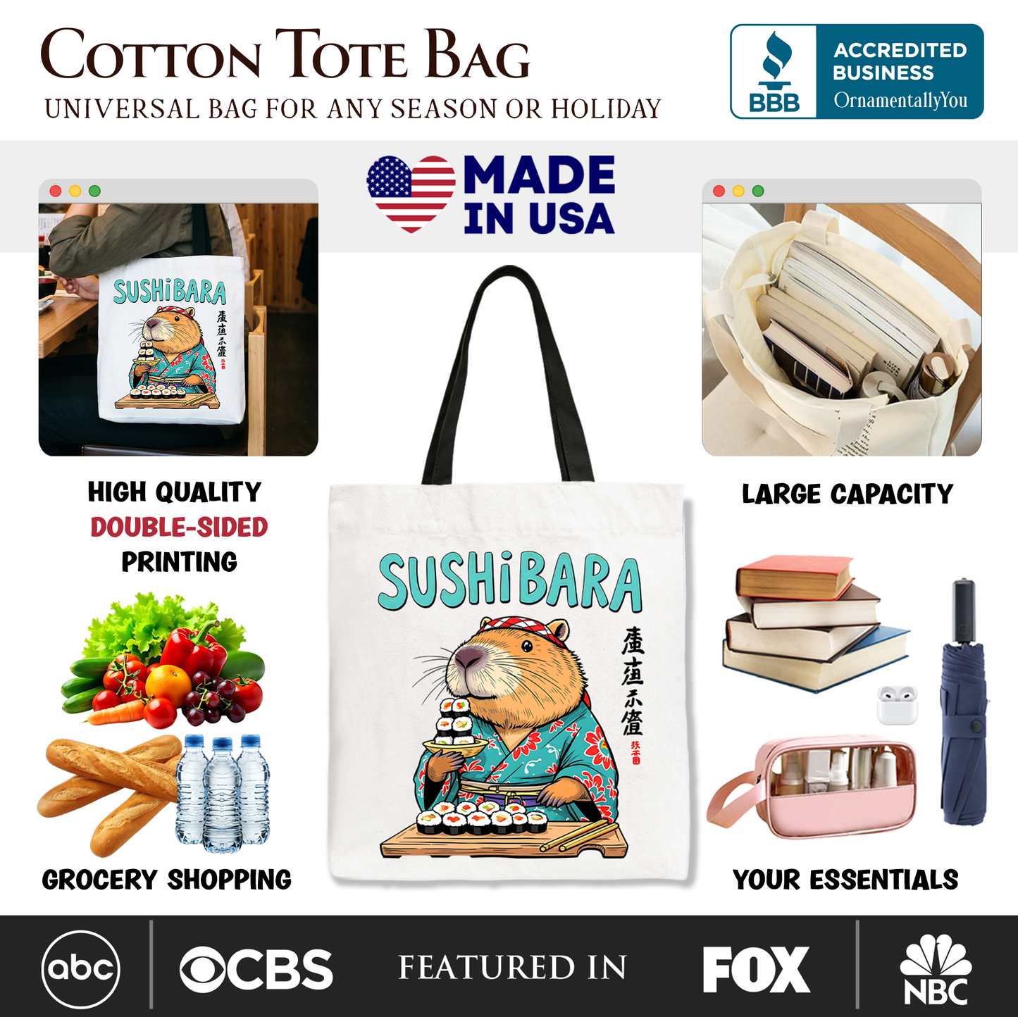 A Cute Sushibara Capybara Canvas Tote Bag