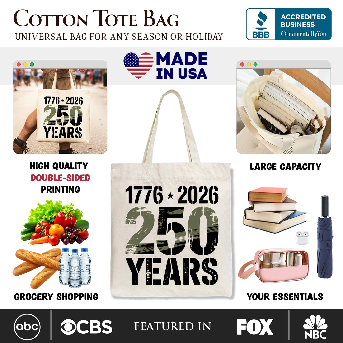 America 250th Canvas Tote Bag And Patriotic Gift