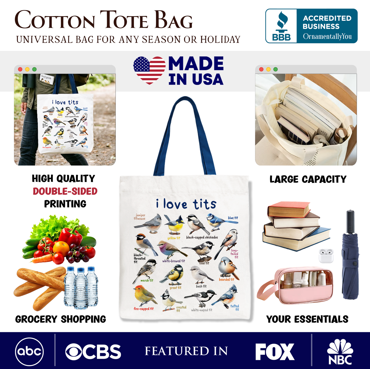 Whimsical Bird Tit Tote Bag and Birder Gifts