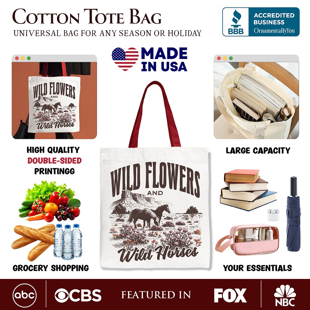 Retro Wild Flowers and Horse Canvas Tote Bag