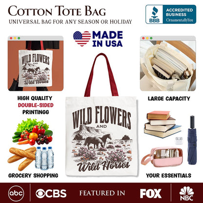 Retro Wild Flowers and Horse Canvas Tote Bag
