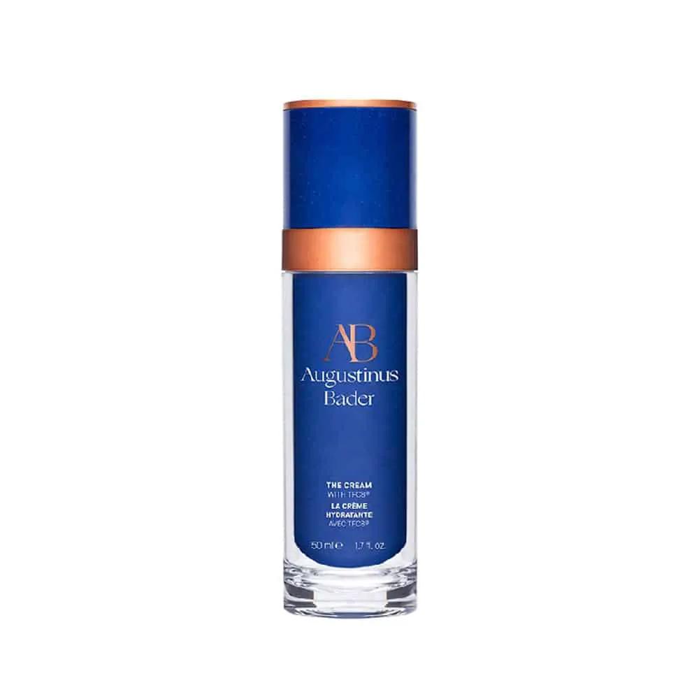 Augustinus Bader The Cream facial moisturizer bottle, blue glass with copper cap, Nava Beauty on Tampa Home & Garden Store