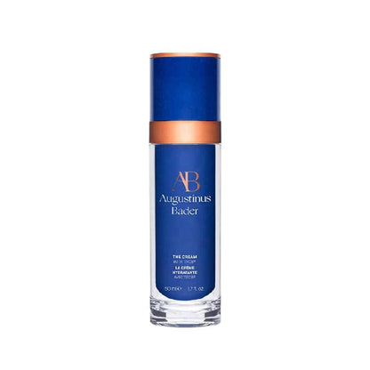 Augustinus Bader The Cream facial moisturizer bottle, blue glass with copper cap, Nava Beauty on Tampa Home & Garden Store