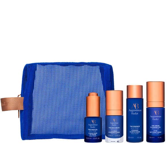 Augustinus Bader starter kit, blue bottles with orange caps in a blue mesh bag, Nava Beauty on Tampa Home & Garden Store