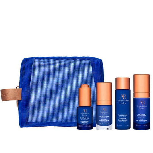 Augustinus Bader starter kit, blue bottles with orange caps in a blue mesh bag, Nava Beauty on Tampa Home & Garden Store