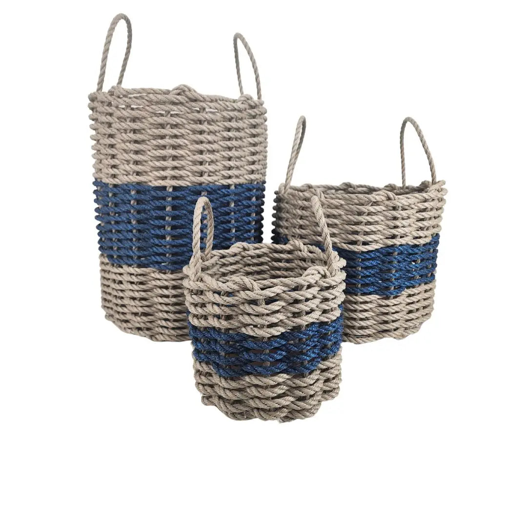 Cesta de Almacenamiento de Cuerda de Langosta de Maine Auténtica Color Tan y Azul Marino