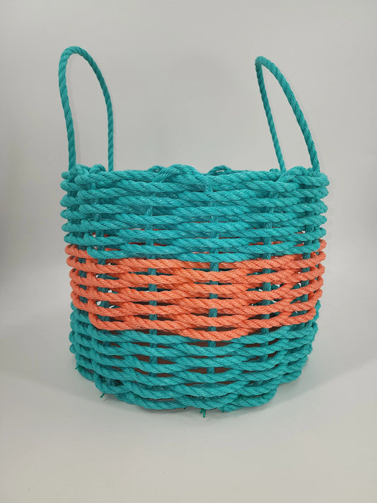 Authentic Maine Lobster Rope Storage Basket. Teal and Coral Orange - Tampa Home & Garden Store