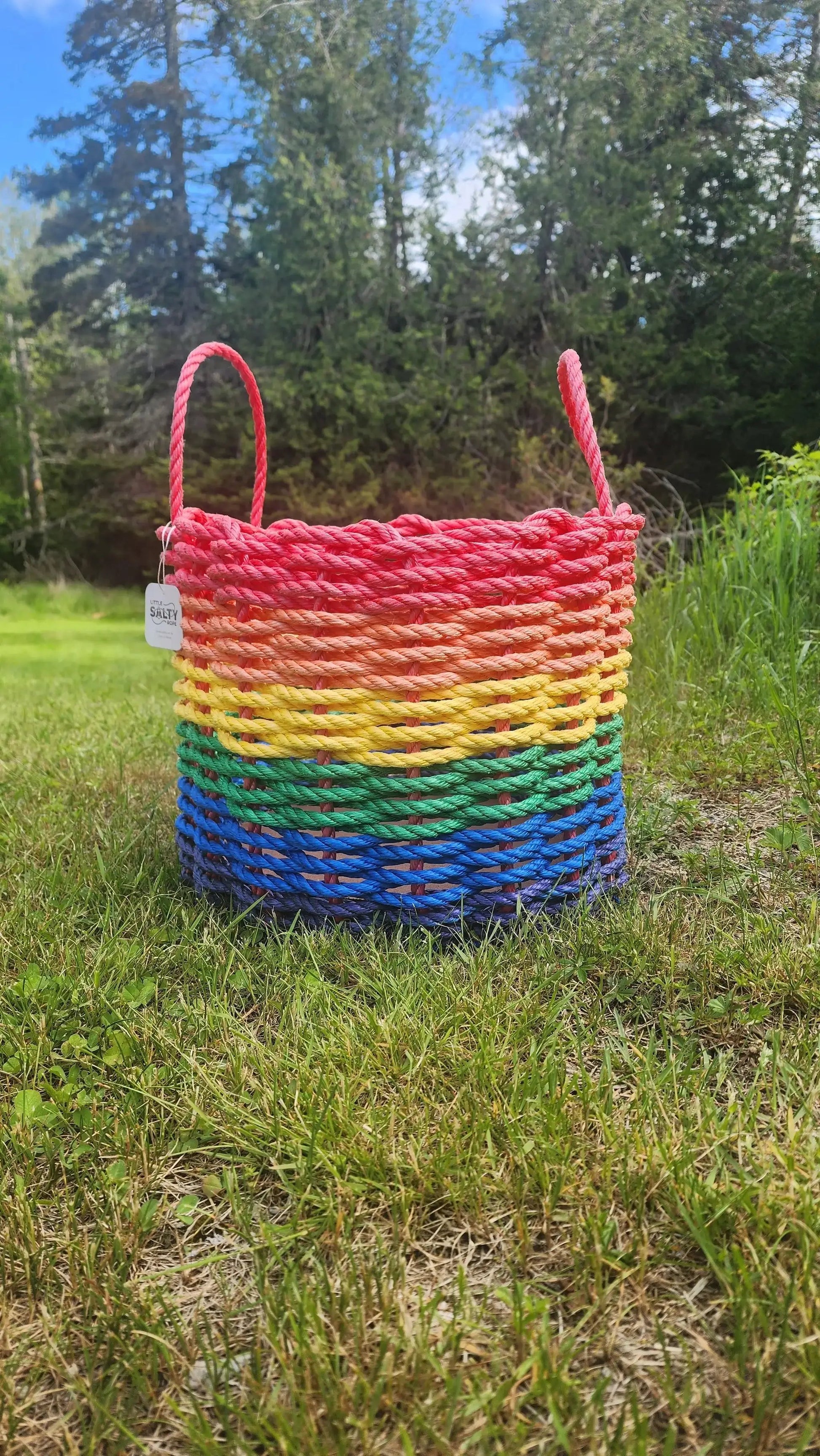 Basket Maine Lobster Rope Rainbow storage basket with red handles handmade by Little Salty Rope on Tampa Home & Garden Store