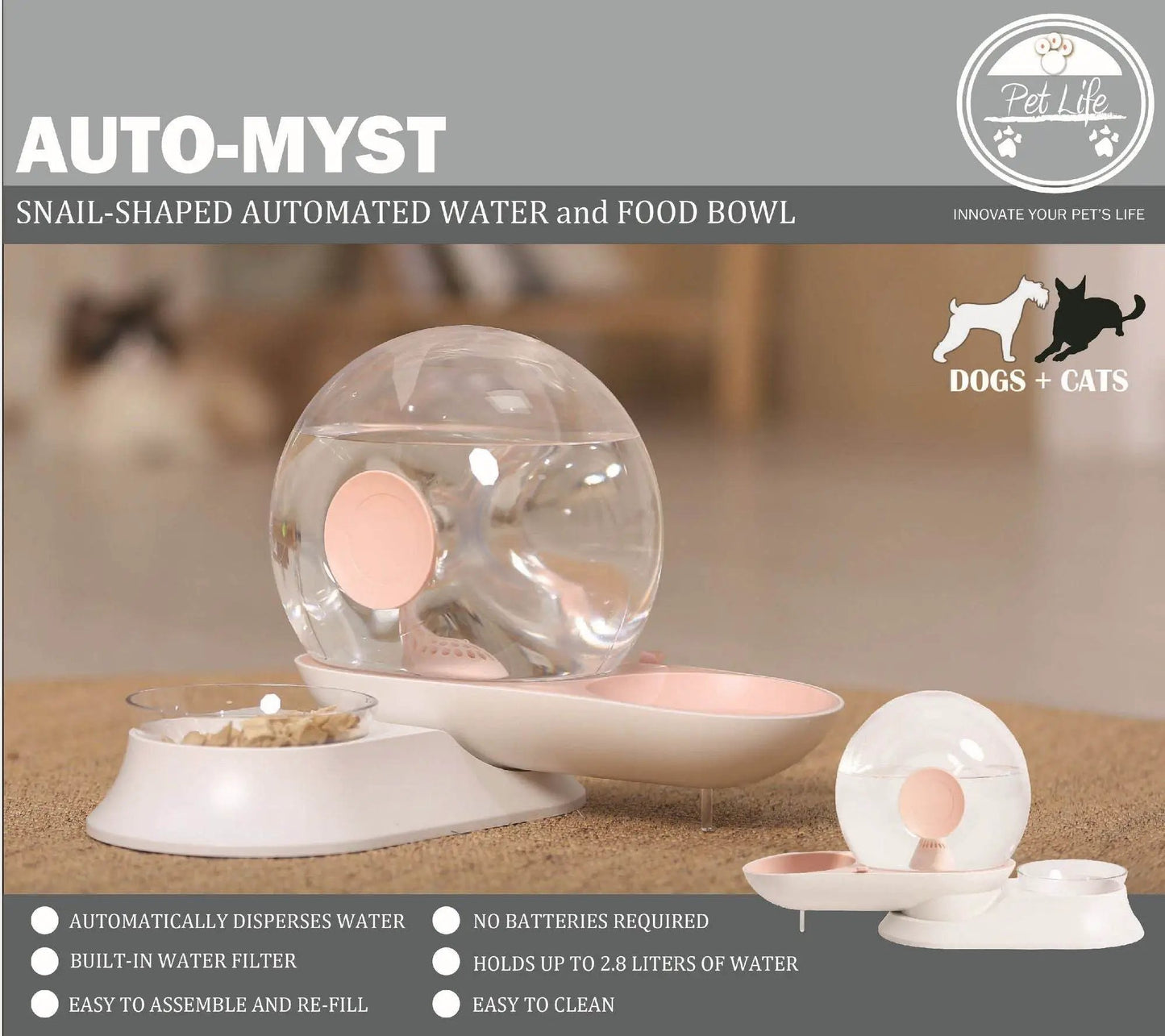 Auto-Myst Automatic Gravity Pet Water Dispenser - 2-in-1 Filtered Water & Food Bowl System with 2.8L Capacity - Tampa Home & Garden Store