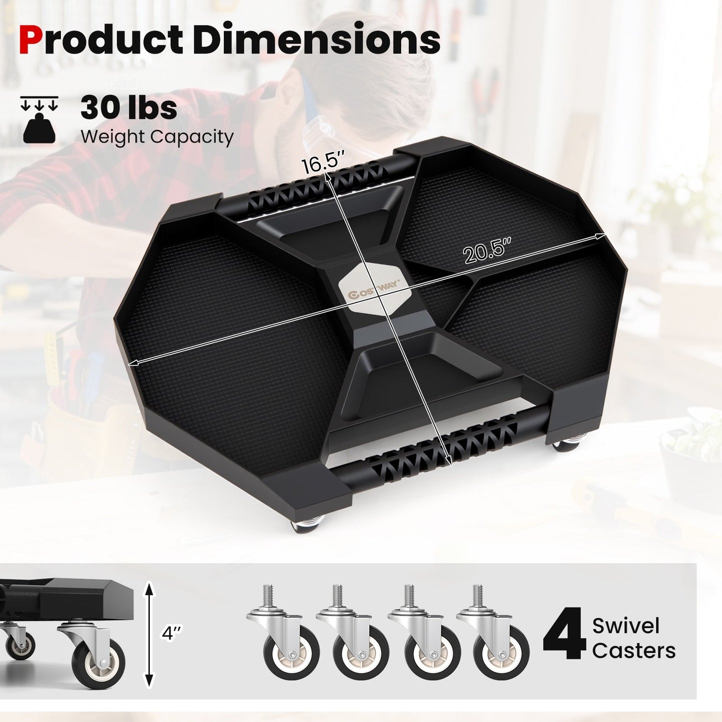 Automotive Rolling Tool Creeper with 4 Swivel Casters and 30 lbs Weight Capacity-Black