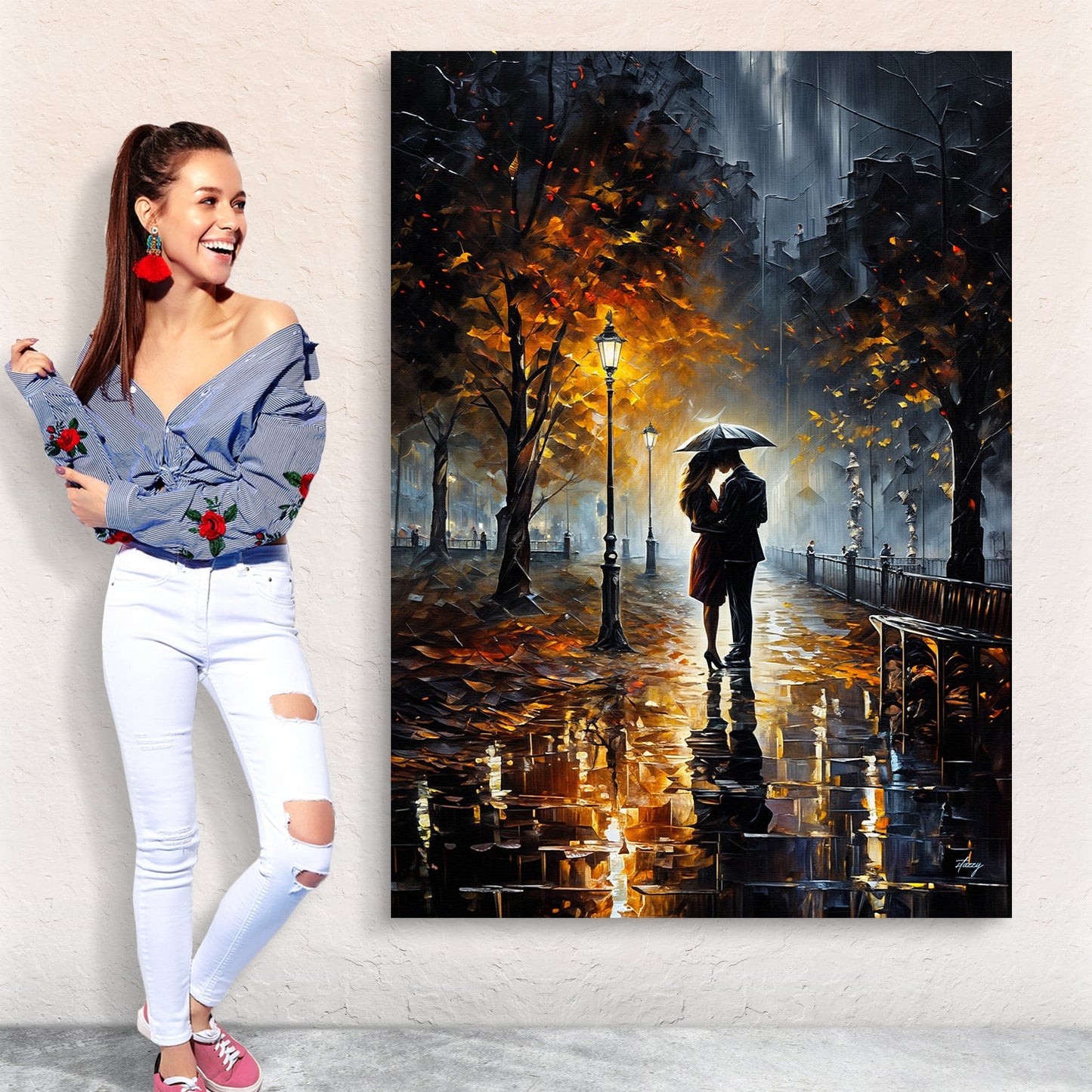 Canvas Print Autumn Embrace Tailored Canvases, rainy city scene with couple under umbrella on Tampa Home & Garden Store
