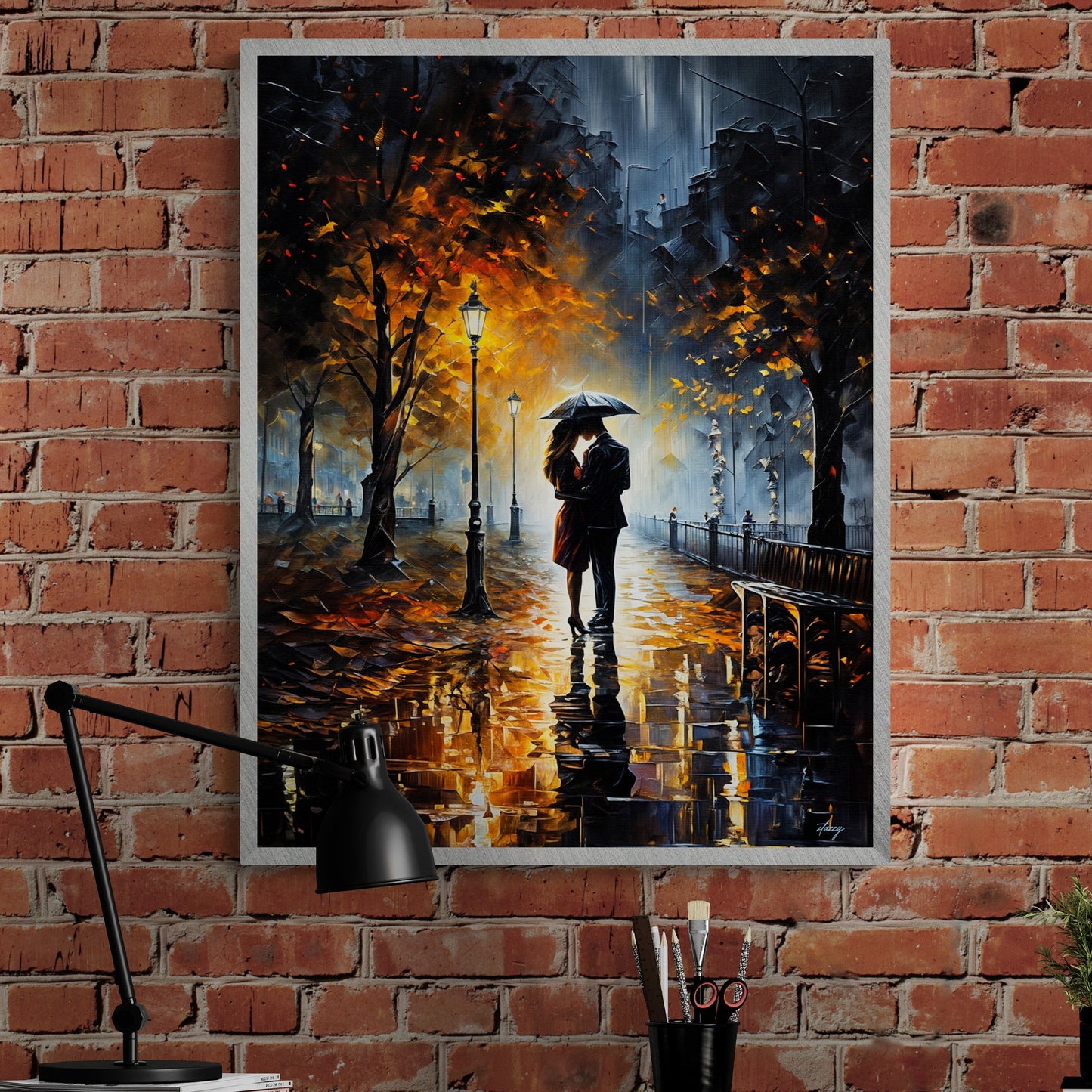 Canvas Print: Autumn Embrace by Tailored Canvases, autumn city rain with couple under umbrella on Tampa Home & Garden Store