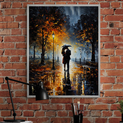 Canvas Print: Autumn Embrace by Tailored Canvases, autumn city rain with couple under umbrella on Tampa Home & Garden Store