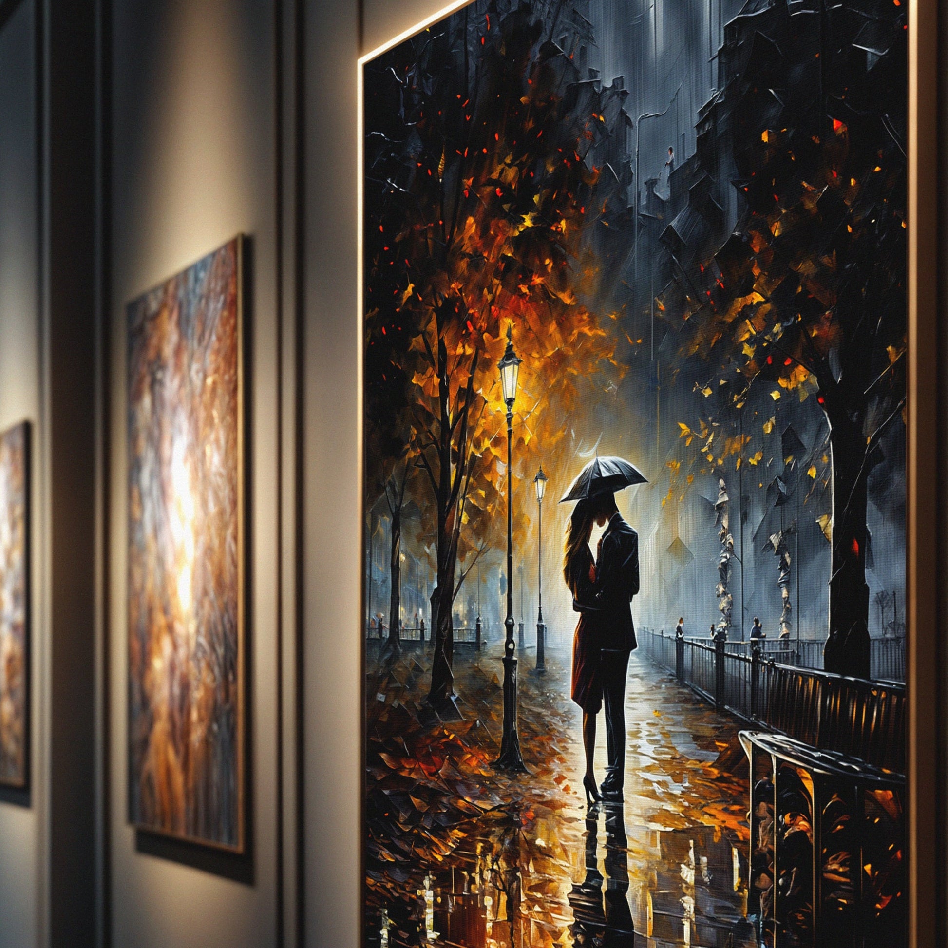 Canvas print Autumn Embrace with couple under umbrella on rainy street amid autumn leaves on Tampa Home & Garden Store