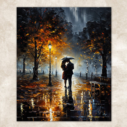 Canvas Print: Autumn Embrace by Tailored Canvases; couple in rain among autumn leaves on Tampa Home & Garden Store