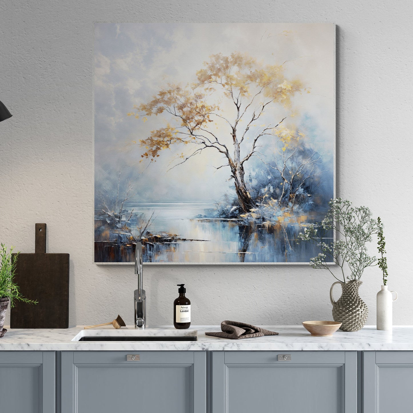 Canvas Print: Autumnal Reflection by Tailored Canvases, tranquil landscape with tree and leaves on Tampa Home & Garden Store