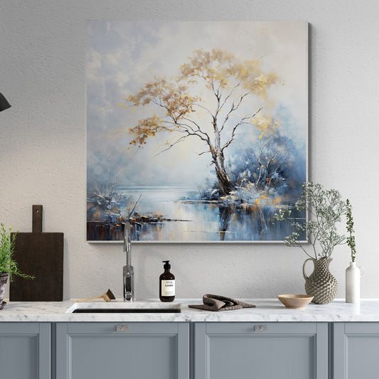 Canvas Print: Autumnal Reflection by Tailored Canvases, tranquil landscape with tree and leaves on Tampa Home & Garden Store