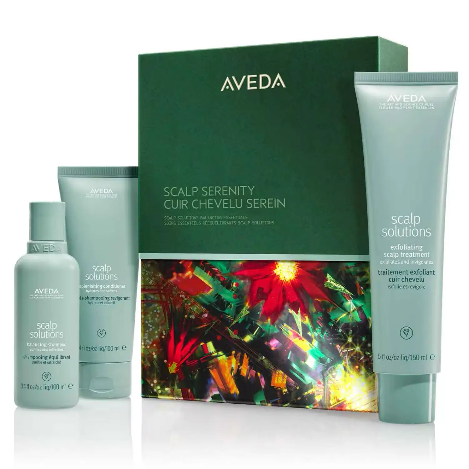 Aveda Scalp Serenity gift set with green box and 3 turquoise scalp solutions bottles and a tube on Tampa Home & Garden Store