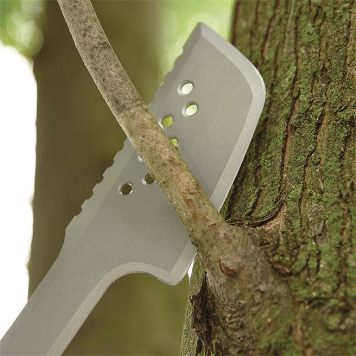 Fiskars 29in machete axe gray metal head embedded in a tree trunk for pruning and chopping on Tampa Home & Garden Store