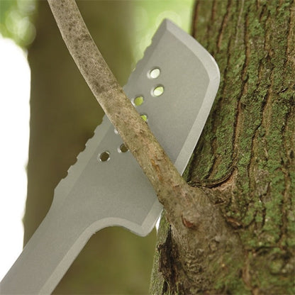 Fiskars 29in machete axe gray metal head embedded in a tree trunk for pruning and chopping on Tampa Home & Garden Store