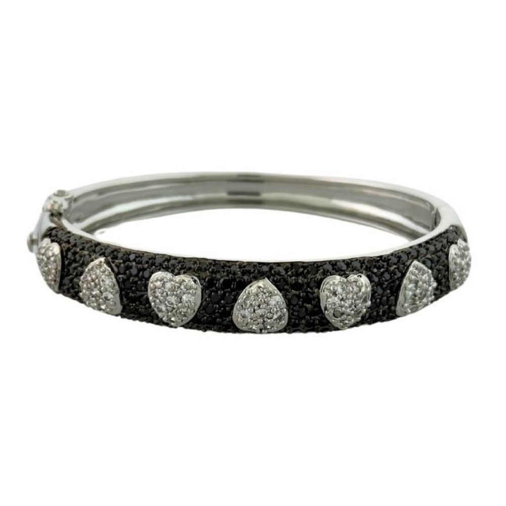 Pave Hearts Bangle, black pavé band with silver heart charms, hinged safety lock on Tampa Home & Garden Store