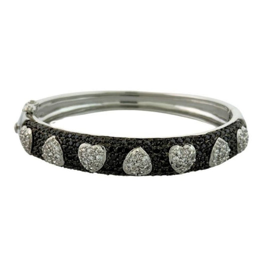 Pave Hearts Bangle, black pavé band with silver heart charms, hinged safety lock on Tampa Home & Garden Store