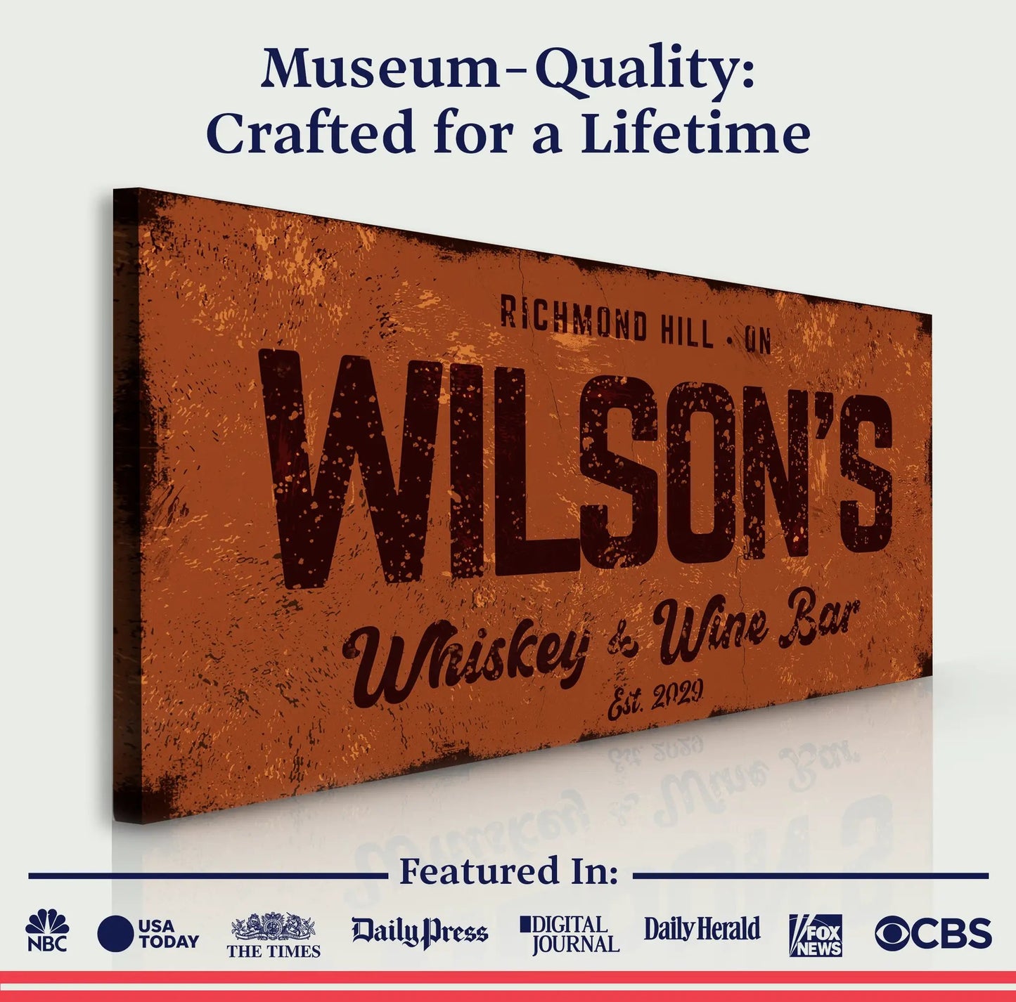 Whiskey And Wine Bar Sign II canvas with distressed rust-orange finish on Tampa Home & Garden Store