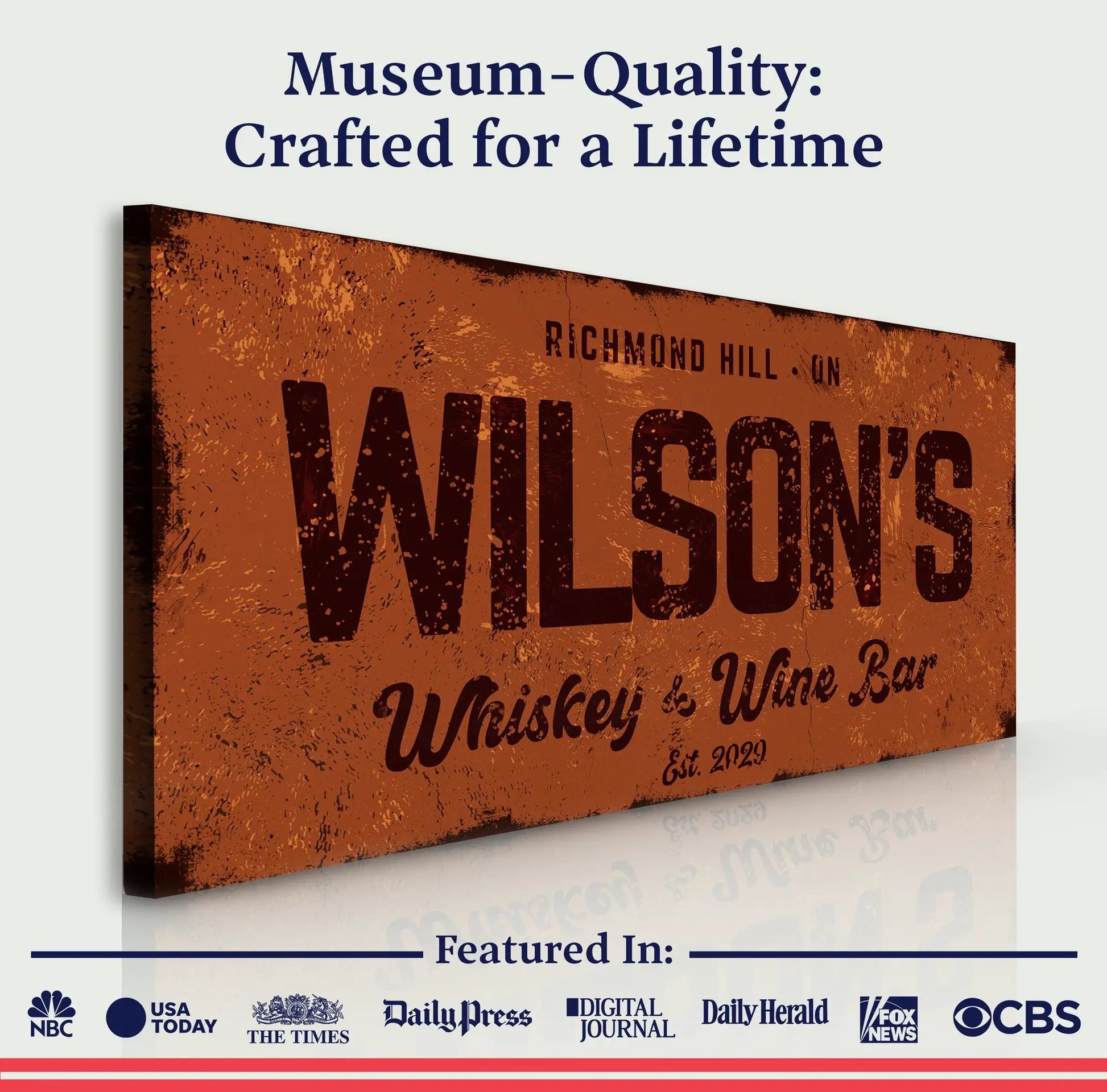 Whiskey And Wine Bar Sign II canvas with distressed rust-orange finish on Tampa Home & Garden Store
