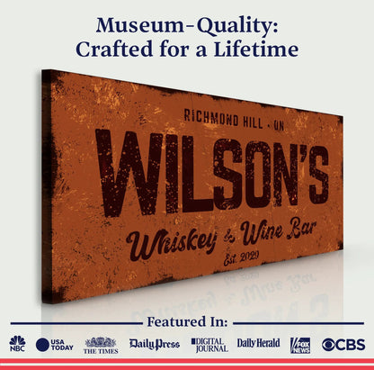 Whiskey And Wine Bar Sign II canvas with distressed rust-orange finish on Tampa Home & Garden Store