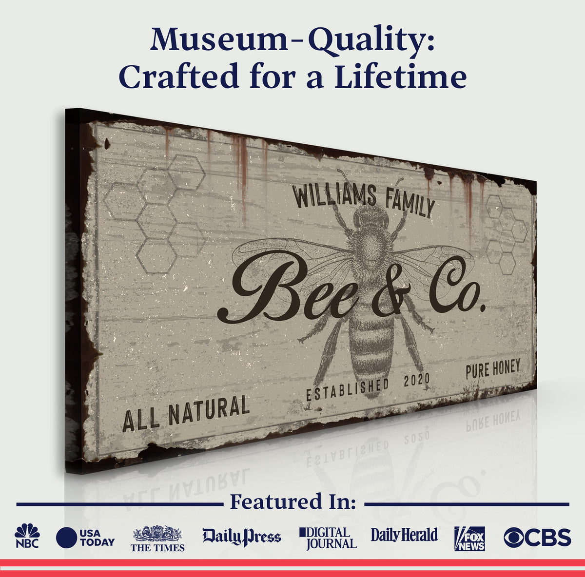 Bee & Co Sign II canvas by Tailored Canvases; vintage honeybee motif with hex pattern on Tampa Home & Garden Store