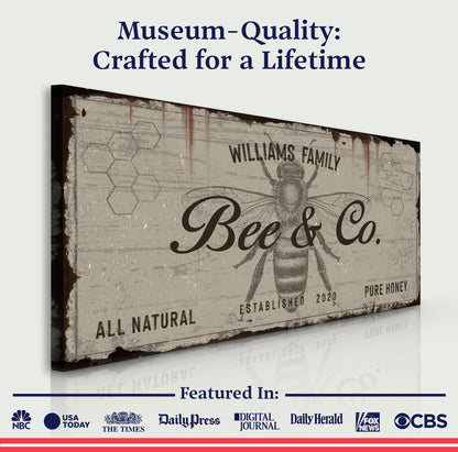 Bee & Co Sign II canvas by Tailored Canvases; vintage honeybee motif with hex pattern on Tampa Home & Garden Store