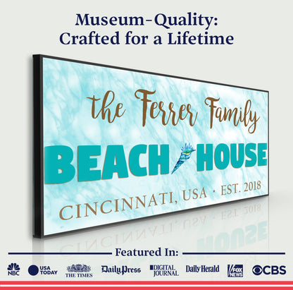 Beach House Sign II canvas by Tailored Canvases; turquoise lettering on light blue backdrop on Tampa Home & Garden Store