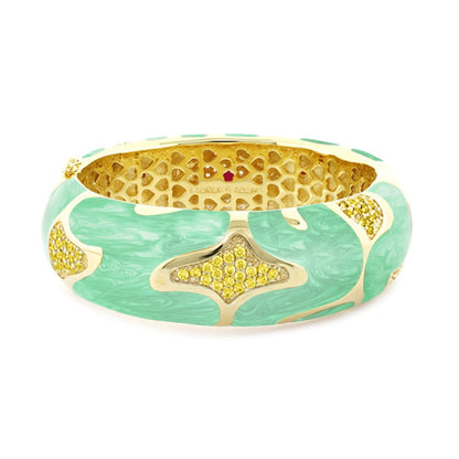 Swirl Tattoo Bangle by Lauren G Adams, turquoise enamel gold accents, hinged safety lock on Tampa Home & Garden Store