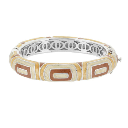Modern Art Bangle enamel bracelet in orange, cream, tan geometric blocks with silver inner filigree on Tampa Home & Garden Store