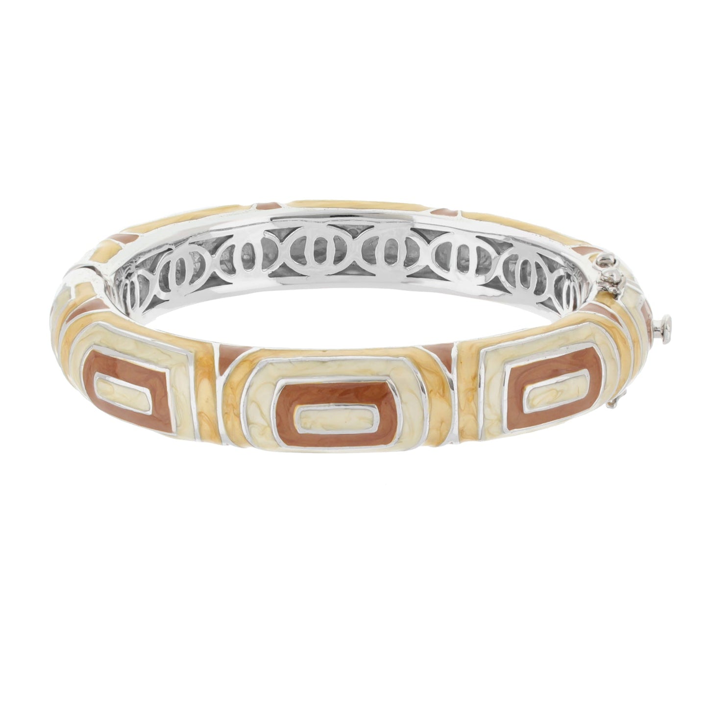 Modern Art Bangle enamel bracelet in tan cream brown blocks with silver lattice interior on Tampa Home & Garden Store