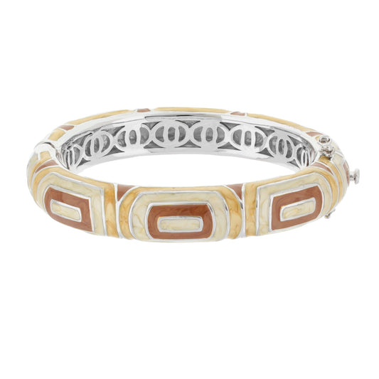 Modern Art Bangle enamel bracelet in tan cream brown blocks with silver lattice interior on Tampa Home & Garden Store