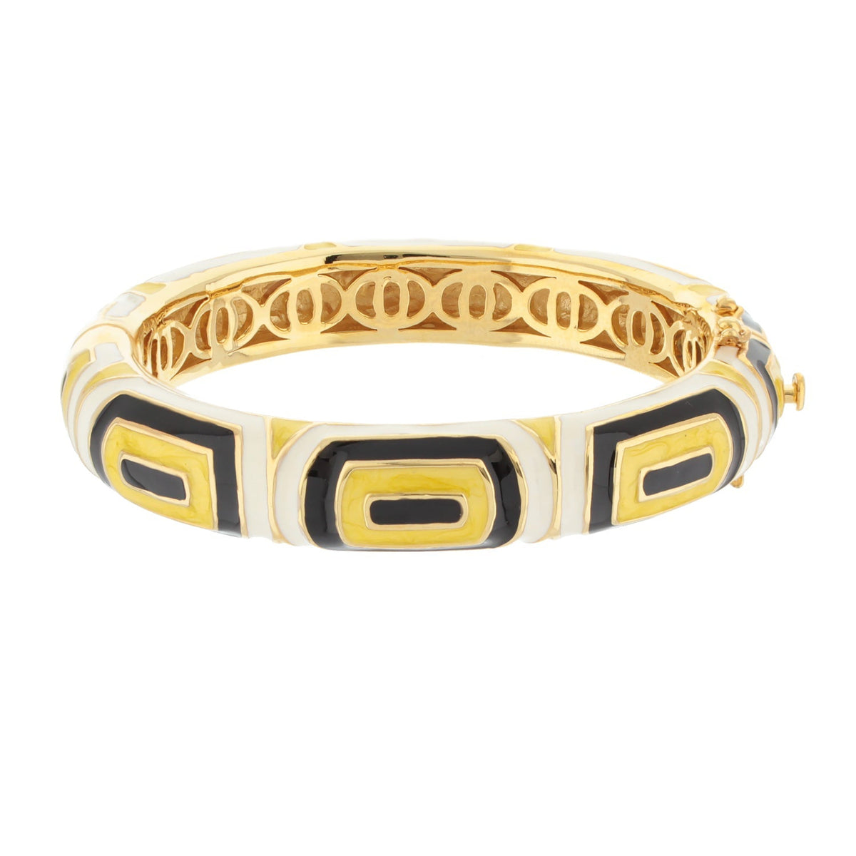 Modern Art Bangle enamel bracelet by Lauren G Adams, gold-tone with black, white and yellow geometric panels on Tampa Home & Garden Store