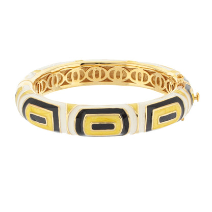 Modern Art Bangle enamel bracelet by Lauren G Adams, gold-tone with black, white and yellow geometric panels on Tampa Home & Garden Store