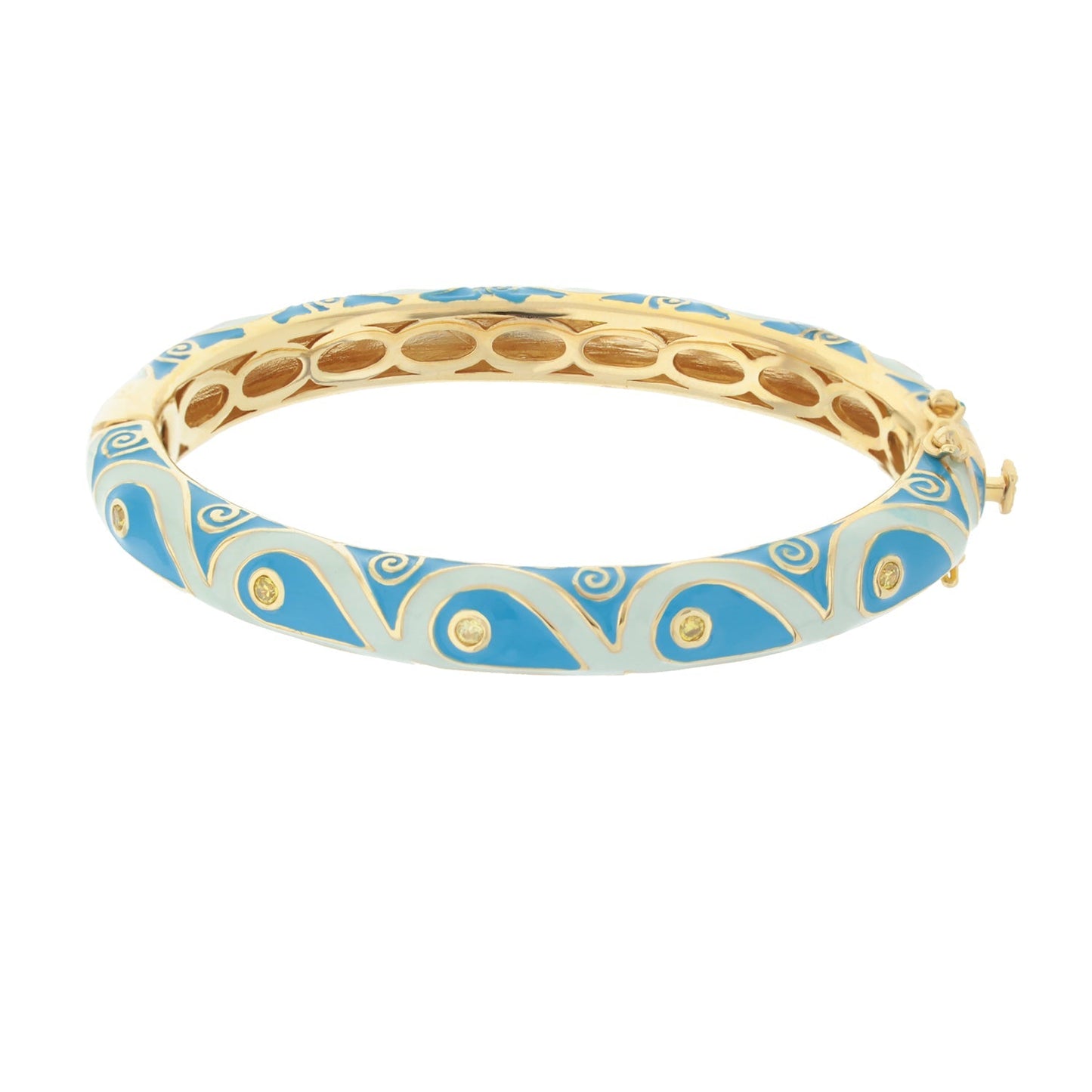Tear Drop Bangle, blue enamel stackable bracelet by Lauren G Adams with gold-tone scrollwork on Tampa Home & Garden Store