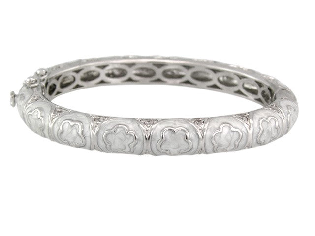 Dancing Daisy Bangle bracelet, silver-tone with flower motifs, Lauren G Adams, hinged safety lock on Tampa Home & Garden Store