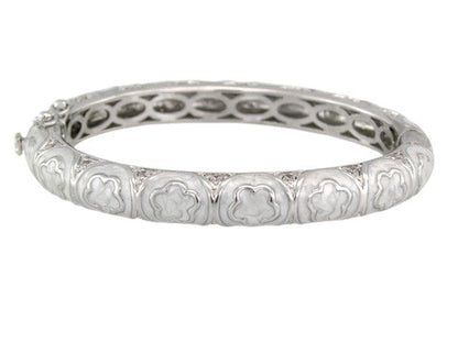 Dancing Daisy Bangle bracelet, silver-tone with flower motifs, Lauren G Adams, hinged safety lock on Tampa Home & Garden Store
