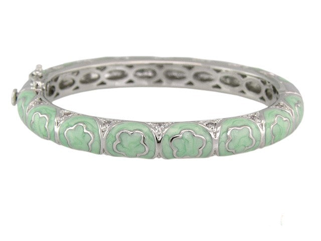 Dancing Daisy Bangle bracelet by Lauren G Adams, hinged with safety lock, green enamel daisies on Tampa Home & Garden Store