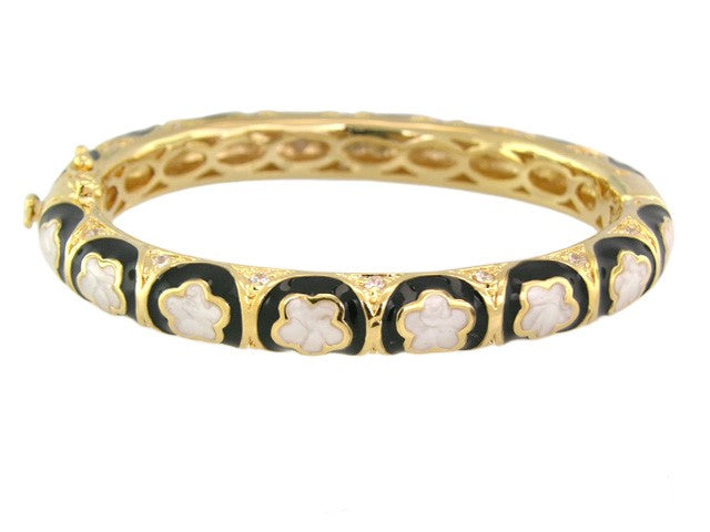 Dancing Daisy Bangle, gold-tone hinged bracelet with black enamel and white daisies on Tampa Home & Garden Store