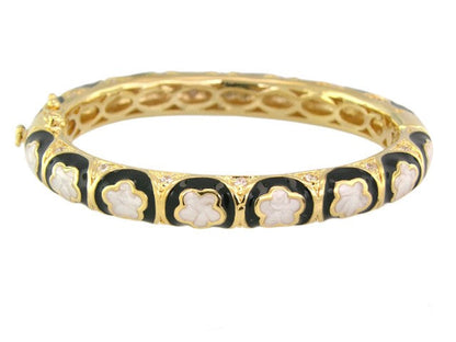 Dancing Daisy Bangle, gold-tone hinged bracelet with black enamel and white daisies on Tampa Home & Garden Store