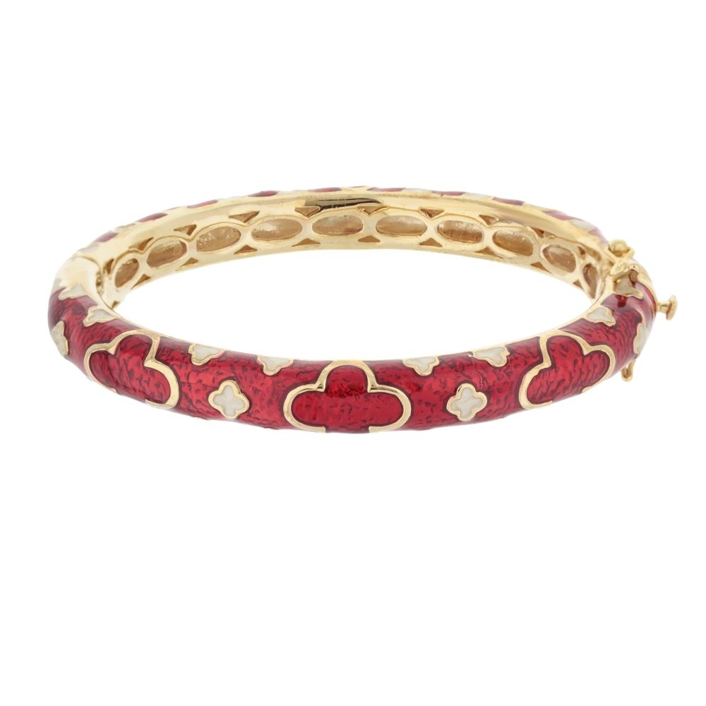 Art Deco stackable bangle bracelet by Lauren G Adams in red enamel with gold-tone clover motifs on Tampa Home & Garden Store
