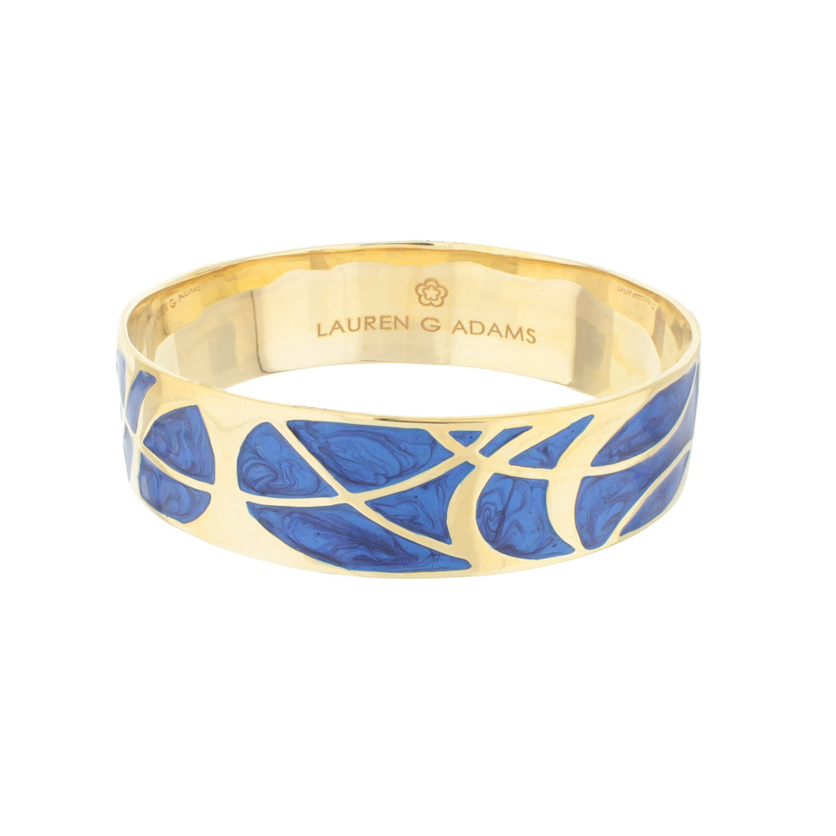 Bold splash bangle bracelet in gold-tone metal with blue enamel leaf pattern by Lauren G Adams on Tampa Home & Garden Store